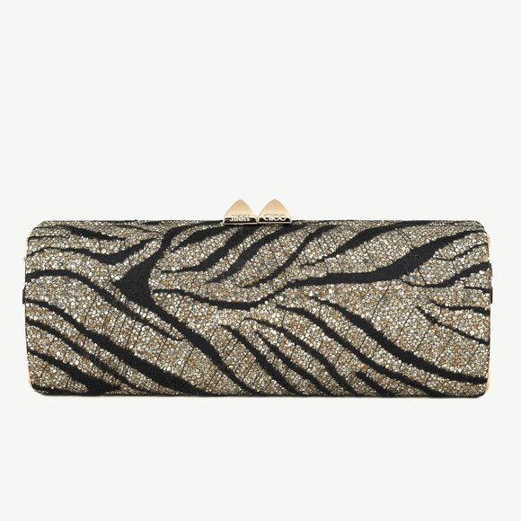 Jimmy Choo Gold & Black Glitter Zebra Stud-Clasp Clutch - Picture 1 of 9